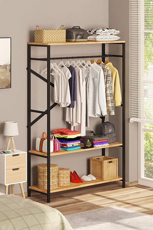 Metal Masif Ahşap Desenli Yonga Levha Açık Giyinme Dolap